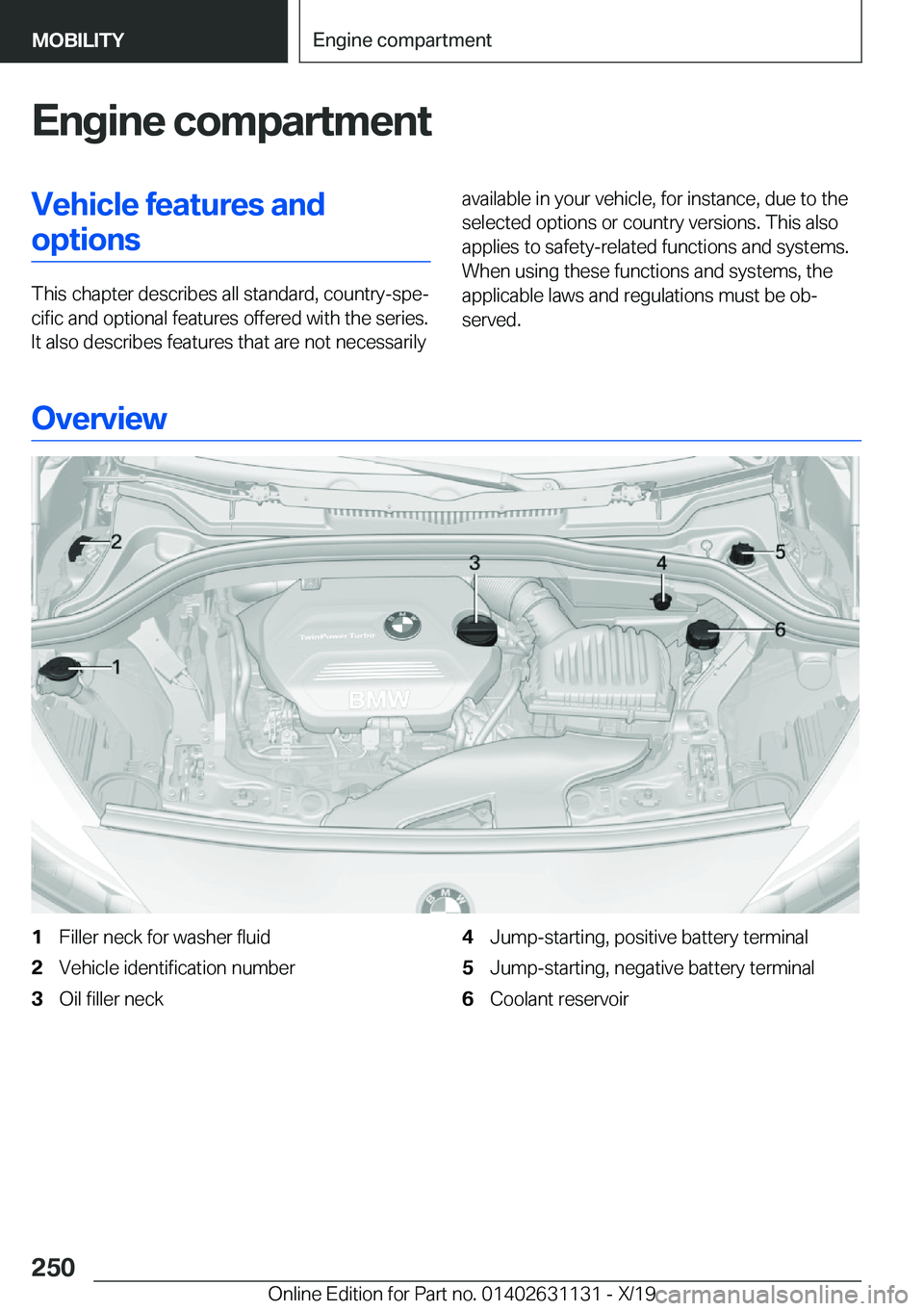 BMW X1 2020  Owners Manual �E�n�g�i�n�e��c�o�m�p�a�r�t�m�e�n�t�V�e�h�i�c�l�e��f�e�a�t�u�r�e�s��a�n�d�o�p�t�i�o�n�s
�T�h�i�s��c�h�a�p�t�e�r��d�e�s�c�r�i�b�e�s��a�l�l��s�t�a�n�d�a�r�d�,��c�o�u�n�t�r�y�-�s�p�e#j�c�i�f�i�c�