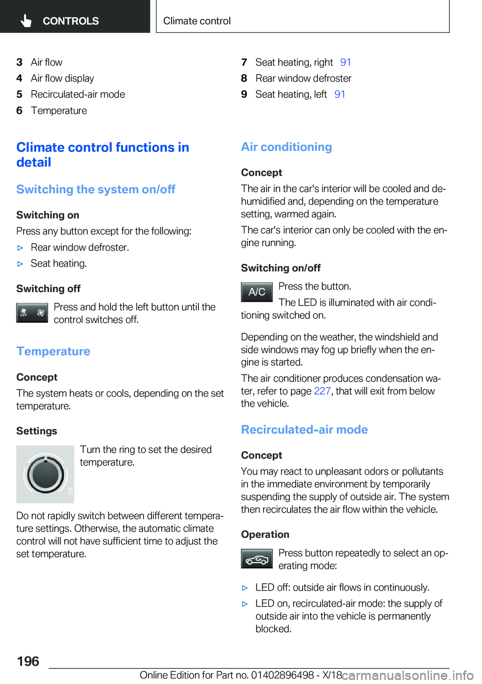 BMW X1 2019  Owners Manual �3�A�i�r��f�l�o�w�4�A�i�r��f�l�o�w��d�i�s�p�l�a�y�5�R�e�c�i�r�c�u�l�a�t�e�d�-�a�i�r��m�o�d�e�6�T�e�m�p�e�r�a�t�u�r�e�7�S�e�a�t��h�e�a�t�i�n�g�,��r�i�g�h�t\_�9�1�8�R�e�a�r��w�i�n�d�o�w��d�e�f