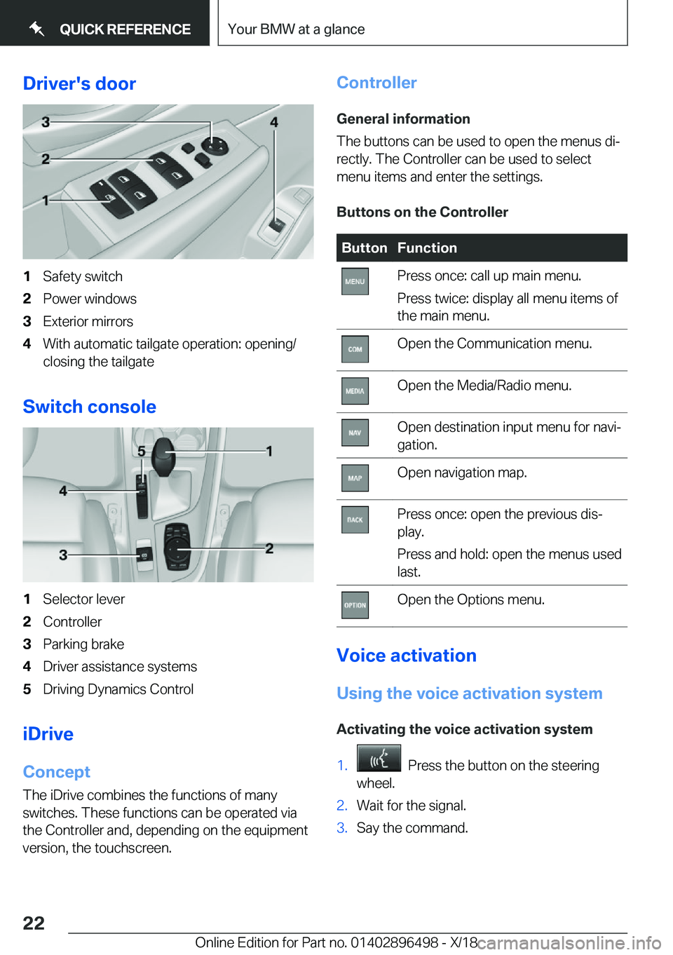 BMW X1 2019 Owners Manual �D�r�i�v�e�r�'�s��d�o�o�r�1�S�a�f�e�t�y��s�w�i�t�c�h�2�P�o�w�e�r��w�i�n�d�o�w�s�3�E�x�t�e�r�i�o�r��m�i�r�r�o�r�s�4�W�i�t�h��a�u�t�o�m�a�t�i�c��t�a�i�l�g�a�t�e��o�p�e�r�a�t�i�o�n�:��o�p�e�n