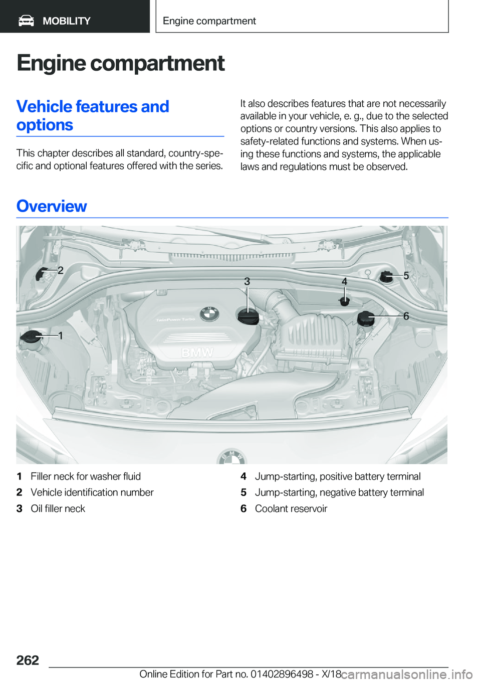 BMW X1 2019  Owners Manual �E�n�g�i�n�e��c�o�m�p�a�r�t�m�e�n�t�V�e�h�i�c�l�e��f�e�a�t�u�r�e�s��a�n�d�o�p�t�i�o�n�s
�T�h�i�s��c�h�a�p�t�e�r��d�e�s�c�r�i�b�e�s��a�l�l��s�t�a�n�d�a�r�d�,��c�o�u�n�t�r�y�-�s�p�ej�c�i�f�i�c�