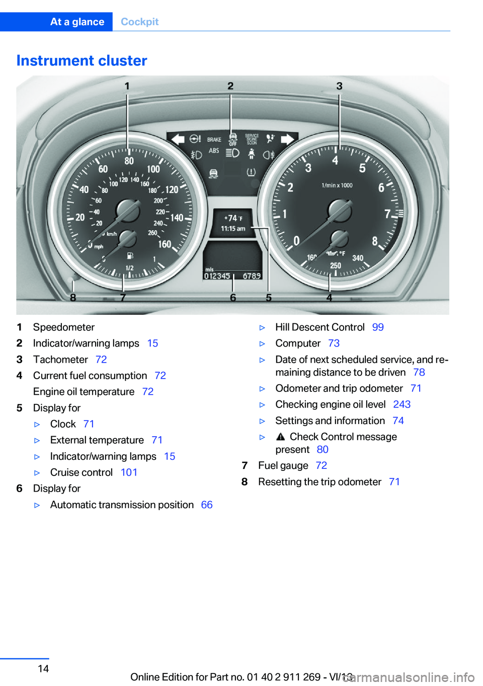 BMW X1 SDRIVE28I 2014 User Guide Instrument cluster1Speedometer2Indicator/warning lamps 153Tachometer 724Current fuel consumption 72
Engine oil temperature 725Display for▷Clock 71▷External temperature BMW X1 SDRIVE28I 2014 User Guide Instrument cluster1Speedometer2Indicator/warning lamps 153Tachometer 724Current fuel consumption 72
Engine oil temperature 725Display for▷Clock 71▷External temperature