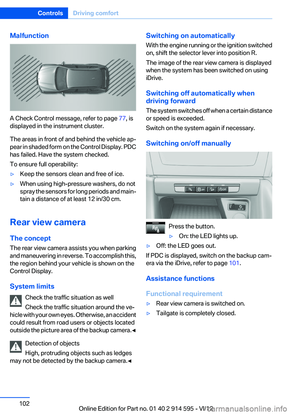 BMW X1 SDRIVE28I 2013  Owners Manual Malfunction
A Check Control message, refer to page 77, is
displayed in the instrument cluster.
The areas in front of and behind the vehicle ap‐
pear in shaded form on the Control Display. PDC
has fa