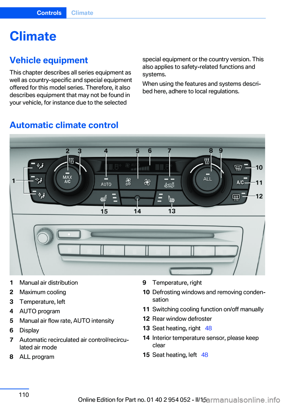 BMW X1 SDRIVE28I 2015  Owners Manual ClimateVehicle equipmentThis chapter describes all series equipment as
well as country-specific and special equipment
offered for this model series. Therefore, it also
describes equipment that may not