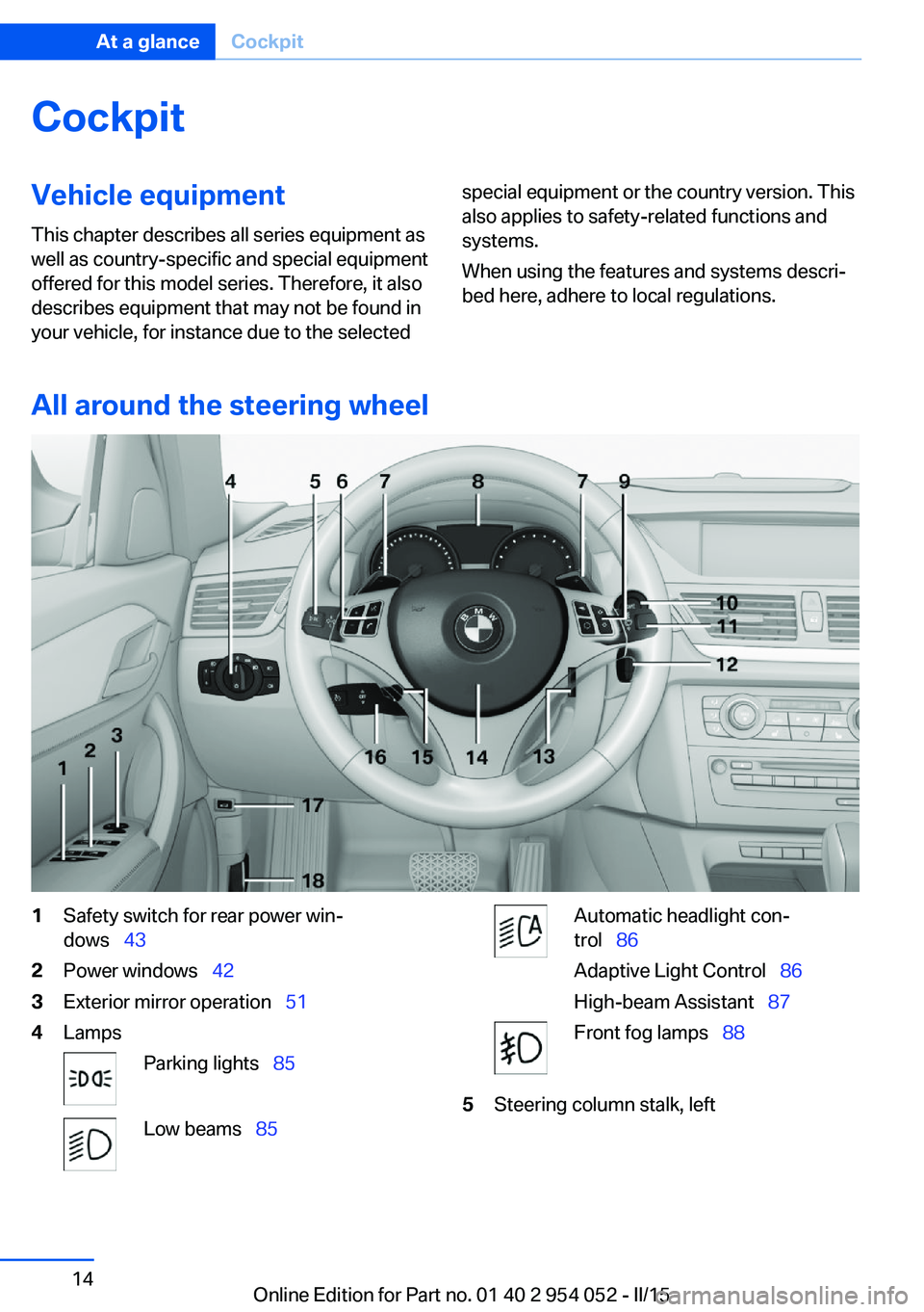 BMW X1 SDRIVE28I 2015 User Guide CockpitVehicle equipment
This chapter describes all series equipment as
well as country-specific and special equipment
offered for this model series. Therefore, it also
describes equipment that may no BMW X1 SDRIVE28I 2015 User Guide CockpitVehicle equipment
This chapter describes all series equipment as
well as country-specific and special equipment
offered for this model series. Therefore, it also
describes equipment that may no