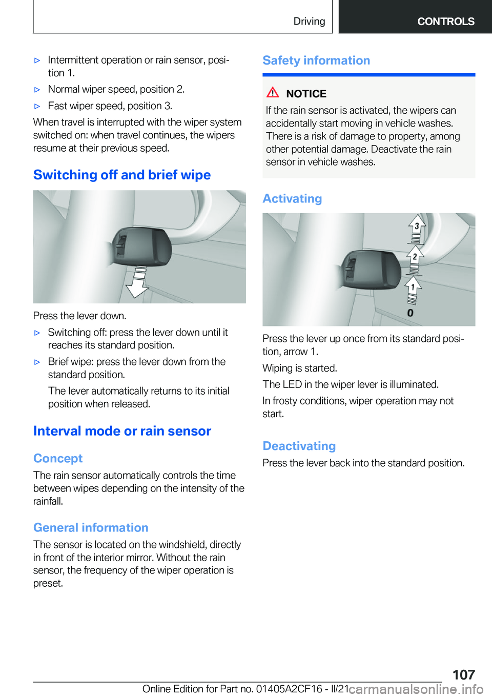BMW X2 2022  Owners Manual 'x�I�n�t�e�r�m�i�t�t�e�n�t��o�p�e�r�a�t�i�o�n��o�r��r�a�i�n��s�e�n�s�o�r�,��p�o�s�i#j�t�i�o�n��1�.'x�N�o�r�m�a�l��w�i�p�e�r��s�p�e�e�d�,��p�o�s�i�t�i�o�n��2�.'x�F�a�s�t��w�i�p�e