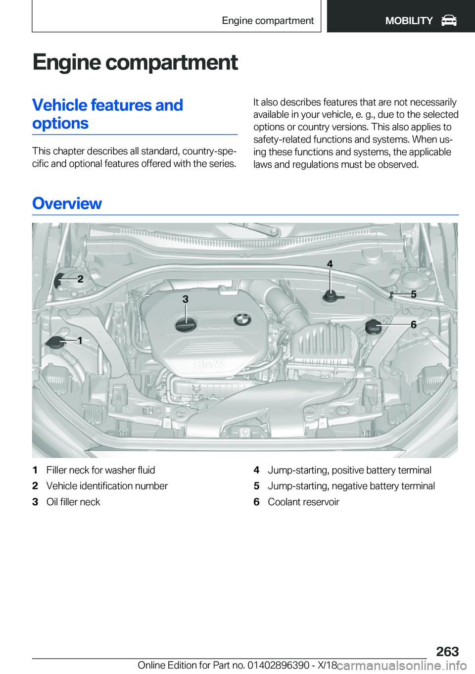BMW X2 2019  Owners Manual �E�n�g�i�n�e��c�o�m�p�a�r�t�m�e�n�t�V�e�h�i�c�l�e��f�e�a�t�u�r�e�s��a�n�d�o�p�t�i�o�n�s
�T�h�i�s��c�h�a�p�t�e�r��d�e�s�c�r�i�b�e�s��a�l�l��s�t�a�n�d�a�r�d�,��c�o�u�n�t�r�y�-�s�p�ej�c�i�f�i�c�
