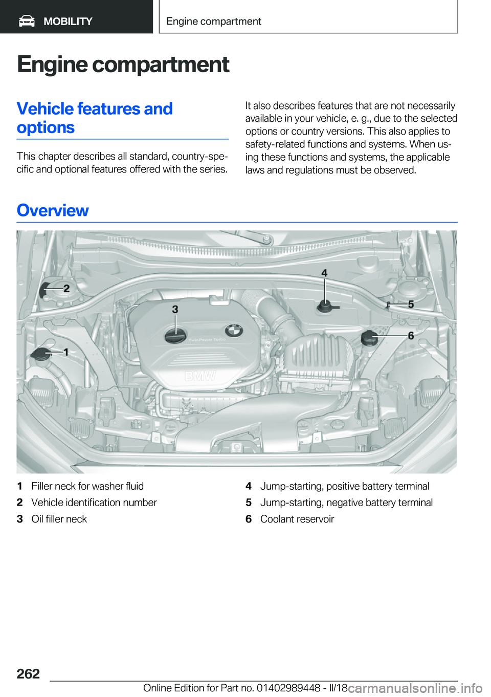 BMW X2 2018  Owners Manual �E�n�g�i�n�e��c�o�m�p�a�r�t�m�e�n�t�V�e�h�i�c�l�e��f�e�a�t�u�r�e�s��a�n�d�o�p�t�i�o�n�s
�T�h�i�s� �c�h�a�p�t�e�r� �d�e�s�c�r�i�b�e�s� �a�l�l� �s�t�a�n�d�a�r�d�,� �c�o�u�n�t�r�y�-�s�p�ej�c�i�f�i�c�