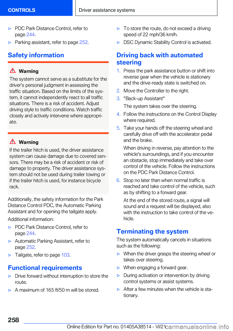BMW X3 2022  Owners Manual 'x�P�D�C��P�a�r�k��D�i�s�t�a�n�c�e��C�o�n�t�r�o�l�,��r�e�f�e�r��t�o
�p�a�g�e� �2�4�4�.'x�P�a�r�k�i�n�g��a�s�s�i�s�t�a�n�t�,��r�e�f�e�r��t�o��p�a�g�e� �2�5�2�.
�S�a�f�e�t�y��i�n�f�o