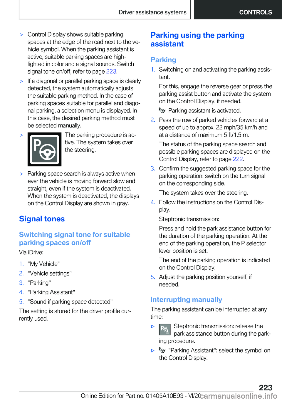 BMW X3 2021  Owners Manual 'x�C�o�n�t�r�o�l��D�i�s�p�l�a�y��s�h�o�w�s��s�u�i�t�a�b�l�e��p�a�r�k�i�n�g
�s�p�a�c�e�s��a�t��t�h�e��e�d�g�e��o�f��t�h�e��r�o�a�d��n�e�x�t��t�o��t�h�e��v�e#j
�h�i�c�l�e��s�y�m�b�o�l