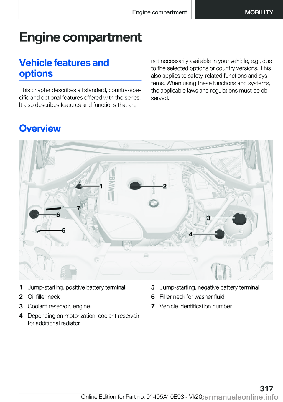 BMW X3 2021  Owners Manual �E�n�g�i�n�e��c�o�m�p�a�r�t�m�e�n�t�V�e�h�i�c�l�e��f�e�a�t�u�r�e�s��a�n�d�o�p�t�i�o�n�s
�T�h�i�s��c�h�a�p�t�e�r��d�e�s�c�r�i�b�e�s��a�l�l��s�t�a�n�d�a�r�d�,��c�o�u�n�t�r�y�-�s�p�e#j�c�i�f�i�c�