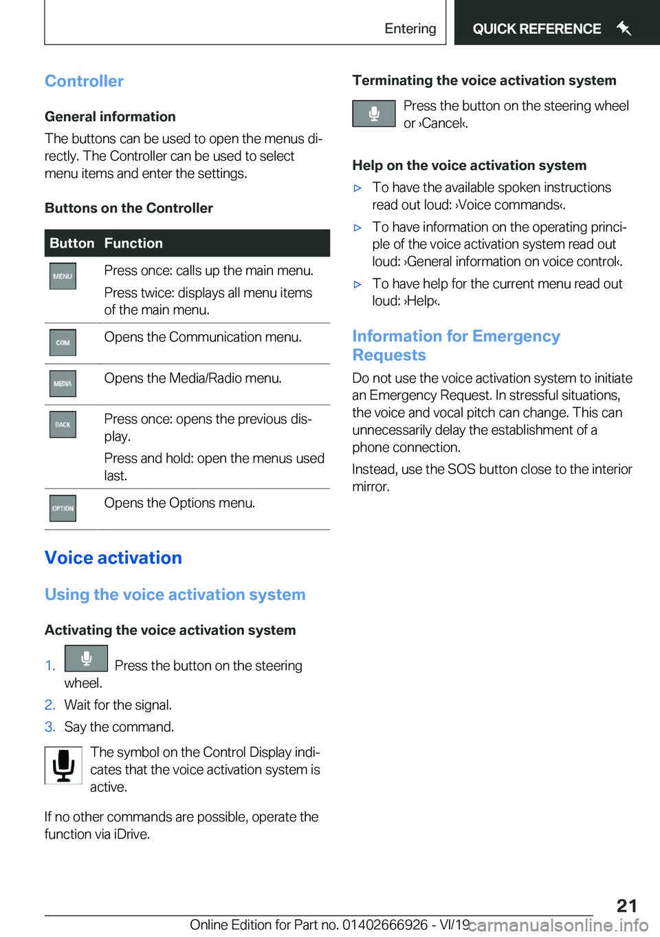 BMW X3 2020 Owners Manual �C�o�n�t�r�o�l�l�e�r�G�e�n�e�r�a�l��i�n�f�o�r�m�a�t�i�o�n
�T�h�e��b�u�t�t�o�n�s��c�a�n��b�e��u�s�e�d��t�o��o�p�e�n��t�h�e��m�e�n�u�s��d�ij
�r�e�c�t�l�y�.��T�h�e��C�o�n�t�r�o�l�l�e�r��c�a