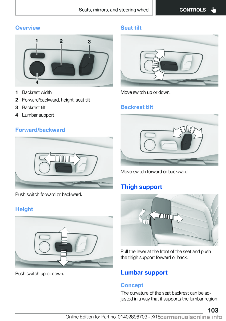 BMW X3 2019  Owners Manual �O�v�e�r�v�i�e�w�1�B�a�c�k�r�e�s�t��w�i�d�t�h�2�F�o�r�w�a�r�d�/�b�a�c�k�w�a�r�d�,��h�e�i�g�h�t�,��s�e�a�t��t�i�l�t�3�B�a�c�k�r�e�s�t��t�i�l�t�4�L�u�m�b�a�r��s�u�p�p�o�r�t
�F�o�r�w�a�r�d�/�b�a�c�