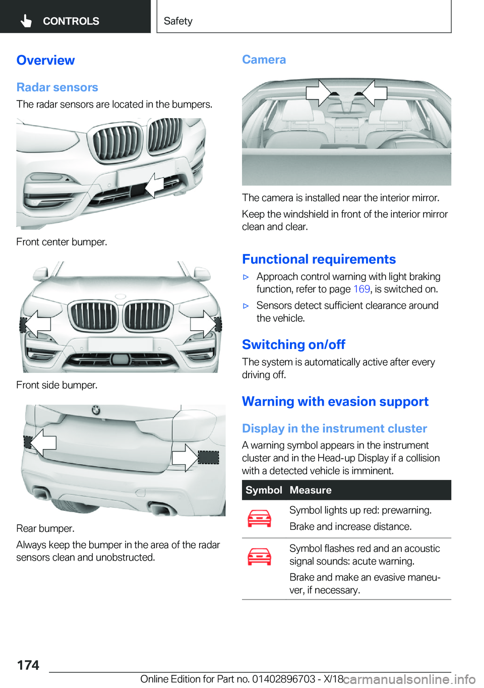BMW X3 2019  Owners Manual �O�v�e�r�v�i�e�w�R�a�d�a�r��s�e�n�s�o�r�s
�T�h�e��r�a�d�a�r��s�e�n�s�o�r�s��a�r�e��l�o�c�a�t�e�d��i�n��t�h�e��b�u�m�p�e�r�s�.
�F�r�o�n�t��c�e�n�t�e�r��b�u�m�p�e�r�.
�F�r�o�n�t��s�i�d�e��b�