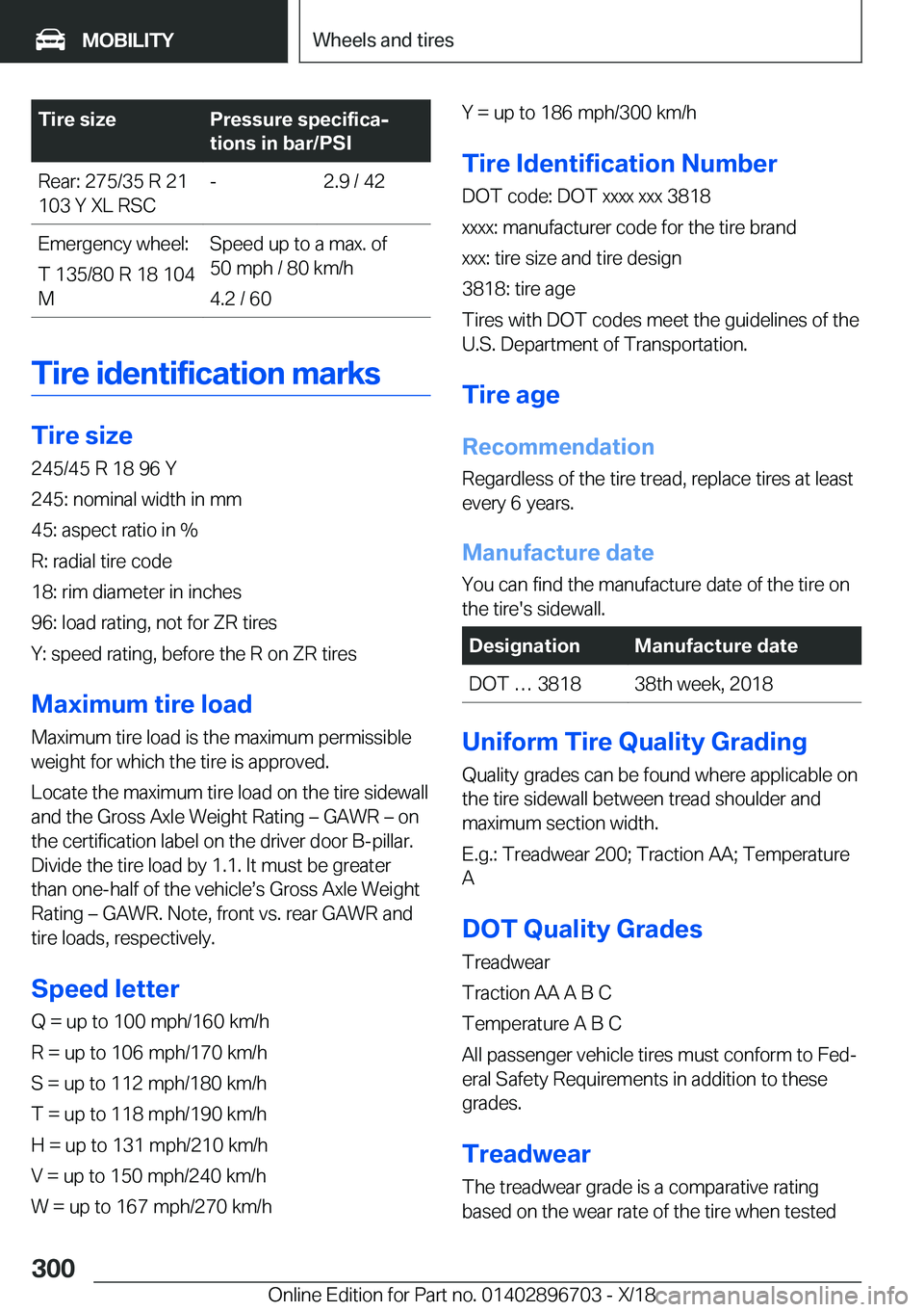 BMW X3 2019  Owners Manual �T�i�r�e��s�i�z�e�P�r�e�s�s�u�r�e��s�p�e�c�i�f�i�c�aj
�t�i�o�n�s��i�n��b�a�r�/�P�S�I�R�e�a�r�:��2�7�5�/�3�5��R��2�1
�1�0�3��Y��X�L��R�S�C�-�2�.�9��/��4�2�E�m�e�r�g�e�n�c�y��w�h�e�e�l�:
�