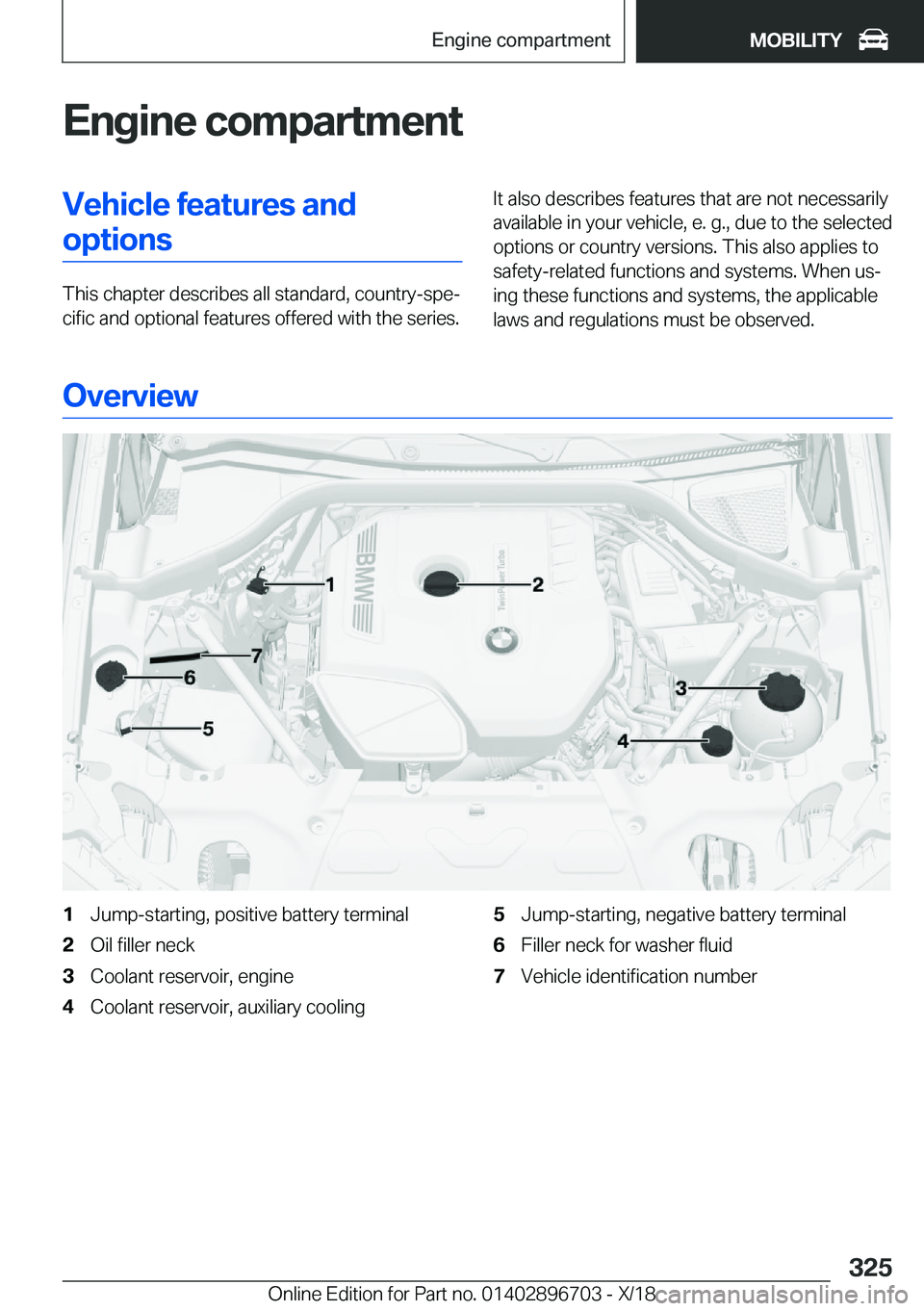 BMW X3 2019  Owners Manual �E�n�g�i�n�e��c�o�m�p�a�r�t�m�e�n�t�V�e�h�i�c�l�e��f�e�a�t�u�r�e�s��a�n�d�o�p�t�i�o�n�s
�T�h�i�s��c�h�a�p�t�e�r��d�e�s�c�r�i�b�e�s��a�l�l��s�t�a�n�d�a�r�d�,��c�o�u�n�t�r�y�-�s�p�ej�c�i�f�i�c�