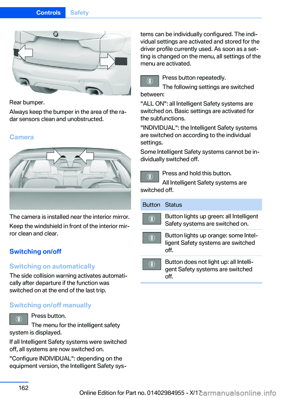 BMW X3 2018  Owners Manual �R�e�a�r� �b�u�m�p�e�r�.
�A�l�w�a�y�s� �k�e�e�p� �t�h�e� �b�u�m�p�e�r� �i�n� �t�h�e� �a�r�e�a� �o�f� �t�h�e� �r�aj �d�a�r� �s�e�n�s�o�r�s� �c�l�e�a�n� �a�n�d� �u�n�o�b�s�t�r�u�c�t�e�d�.
�C�a�m�e�r�a
