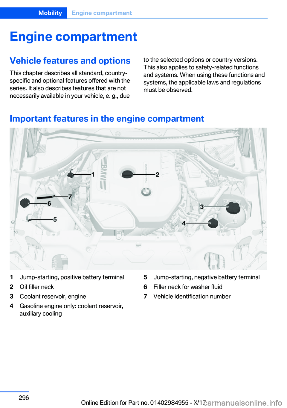 BMW X3 2018  Owners Manual �E�n�g�i�n�e��c�o�m�p�a�r�t�m�e�n�t�V�e�h�i�c�l�e��f�e�a�t�u�r�e�s��a�n�d��o�p�t�i�o�n�s�T�h�i�s� �c�h�a�p�t�e�r� �d�e�s�c�r�i�b�e�s� �a�l�l� �s�t�a�n�d�a�r�d�,� �c�o�u�n�t�r�y�-�s�p�e�c�i�f�i�c� 