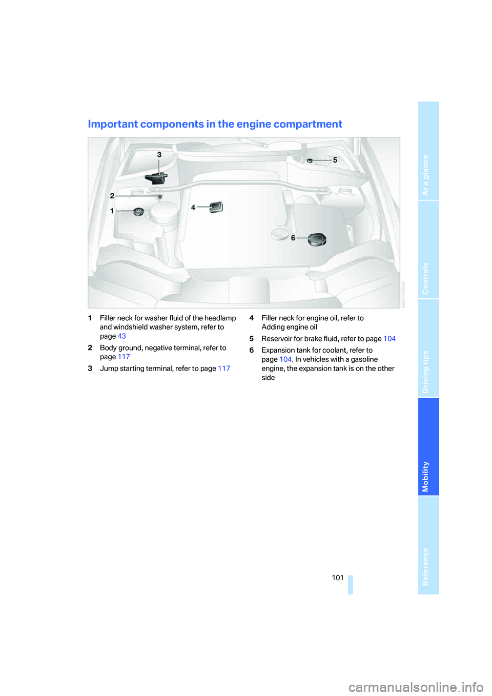 BMW X3 3.0SI 2008 Owners Manual Reference
At a glance
Controls
Driving tips
Mobility
101
Important components in the engine compartment
1Filler neck for washer fluid of the headlamp
and windshield washer system, refer to
page43
2 BMW X3 3.0SI 2008 Owners Manual Reference
At a glance
Controls
Driving tips
Mobility
101
Important components in the engine compartment
1Filler neck for washer fluid of the headlamp
and windshield washer system, refer to
page43
2