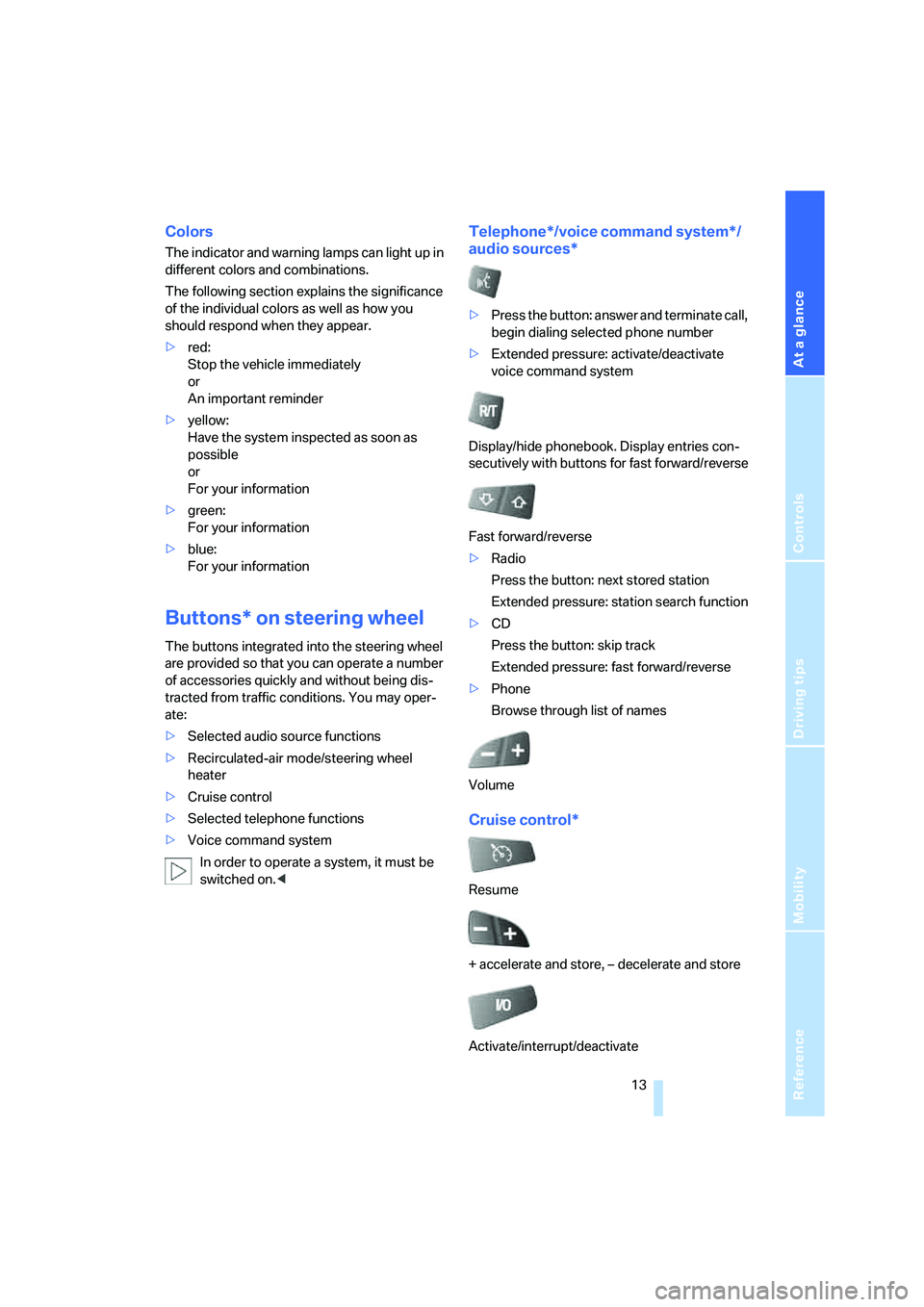 BMW X3 3.0SI 2008  Owners Manual At a glance
Controls
Driving tips
Mobility Reference
 13
Colors
The indicator and warning lamps can light up in 
different colors and combinations.
The following section explains the significance 
of 