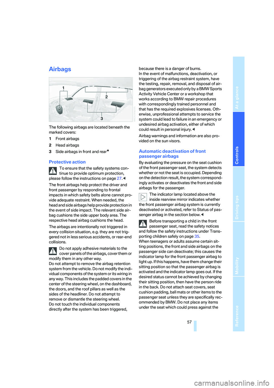 BMW X3 3.0SI 2008  Owners Manual Reference
At a glance
Controls
Driving tips
Mobility
 57
Airbags
The following airbags are located beneath the 
marked covers:
1Front airbags
2Head airbags
3Side airbags in front and rear
*
Protective