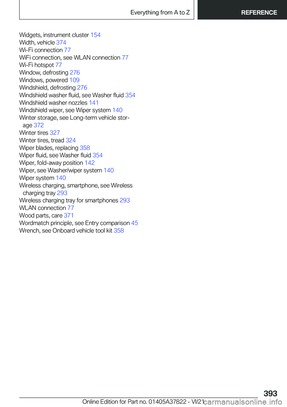 BMW X3 M 2022  Owners Manual �W�i�d�g�e�t�s�,��i�n�s�t�r�u�m�e�n�t��c�l�u�s�t�e�r��1�5�4�
�W�i�d�t�h�,��v�e�h�i�c�l�e� �3�7�4�
�W�i�-�F�i��c�o�n�n�e�c�t�i�o�n� �7�7�
�W�i�F�i��c�o�n�n�e�c�t�i�o�n�,��s�e�e��W�L�A�N��