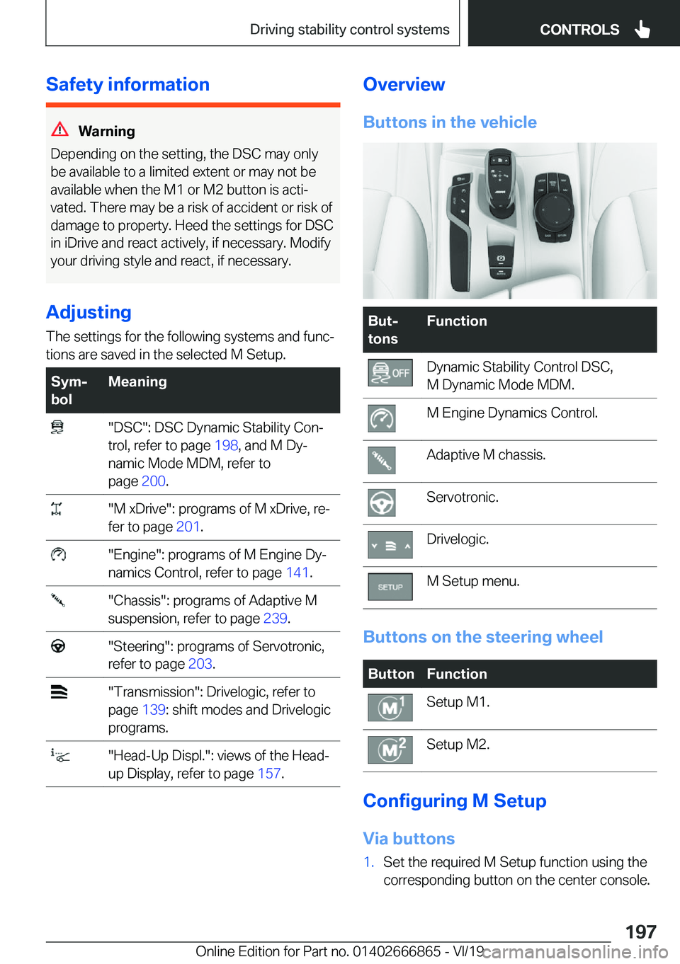 BMW X3 M 2020  Owners Manual �S�a�f�e�t�y��i�n�f�o�r�m�a�t�i�o�n
�W�a�r�n�i�n�g
�D�e�p�e�n�d�i�n�g��o�n��t�h�e��s�e�t�t�i�n�g�,��t�h�e��D�S�C��m�a�y��o�n�l�y �b�e��a�v�a�i�l�a�b�l�e��t�o��a��l�i�m�i�t�e�d��e�x�t�e�n�