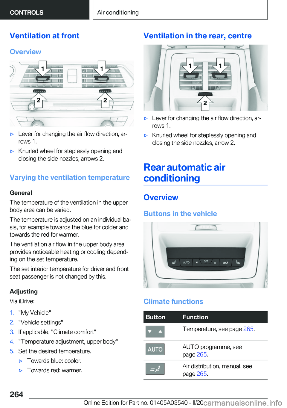 BMW X3 PLUG-IN HYBRID 2020  Owners Manual �V�e�n�t�i�l�a�t�i�o�n��a�t��f�r�o�n�t
�O�v�e�r�v�i�e�w'x�L�e�v�e�r��f�o�r��c�h�a�n�g�i�n�g��t�h�e��a�i�r��f�l�o�w��d�i�r�e�c�t�i�o�n�,��a�rj
�r�o�w�s��1�.'x�K�n�u�r�l�e�d��w�h�e�e