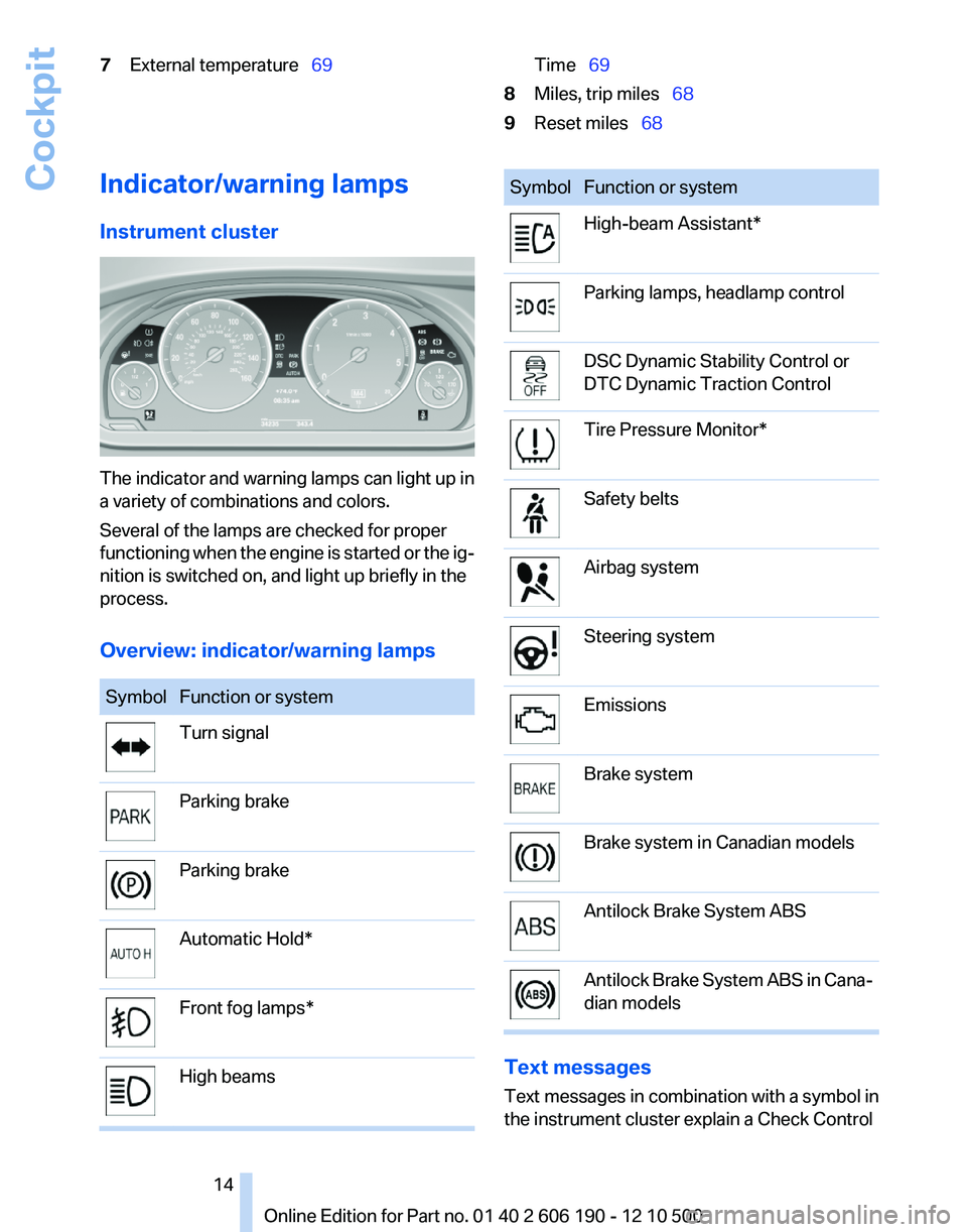 BMW X3 XDRIVE 28I 2011  Owners Manual 7External temperature  69Time  698Miles, trip miles   689Reset miles  68Indicator/warning lamps
Instrument cluster
The indicator and warning lamps can light up in
a variety of combinat