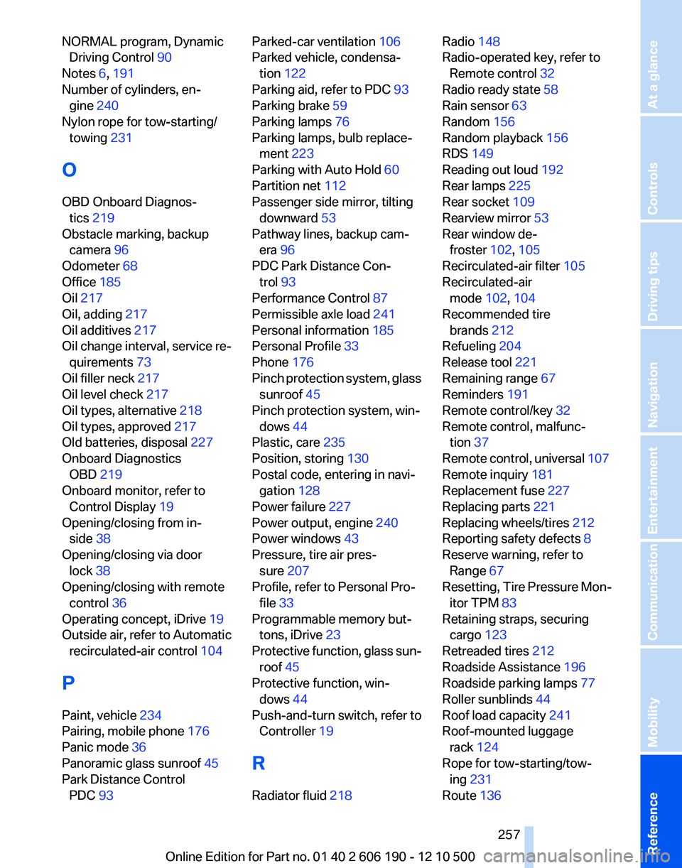 BMW X3 XDRIVE 28I 2011  Owners Manual NORMAL program, DynamicDriving Control  90 
Notes  6, 191  
Number of cylinders, en‐ gine  240 
Nylon rope for tow-starting/ towing  231 
O
OBD Onboard Diagnos‐ tics  219 
Obstacle marking, backup