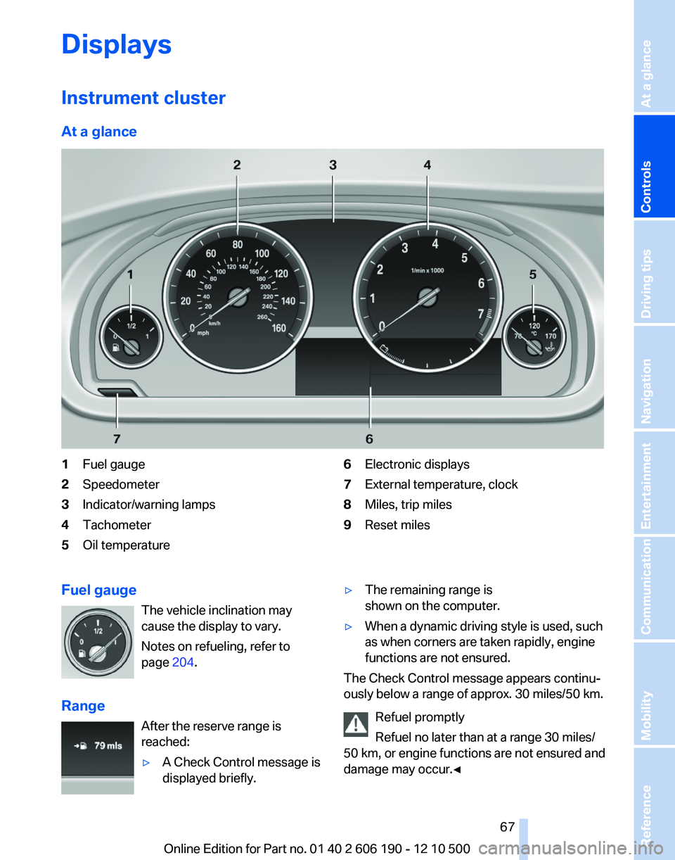 BMW X3 XDRIVE 28I 2011  Owners Manual Displays
Instrument cluster
At a glance1Fuel gauge2Speedometer3Indicator/warning lamps4Tachometer5Oil temperature6Electronic displays7External temperature, clock8Miles, trip miles9Reset milesFuel gaug