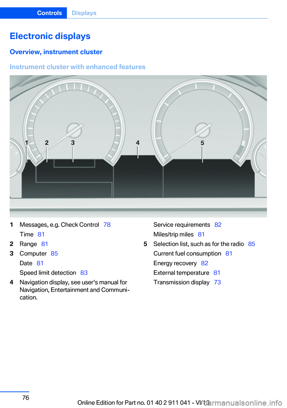 BMW X3 XDRIVE 35I 2014 Manual PDF Electronic displaysOverview, instrument cluster
Instrument cluster with enhanced features
1Messages, e.g. Check Control   78
Time   812Range   813Computer   85
Date   81
Speed limi