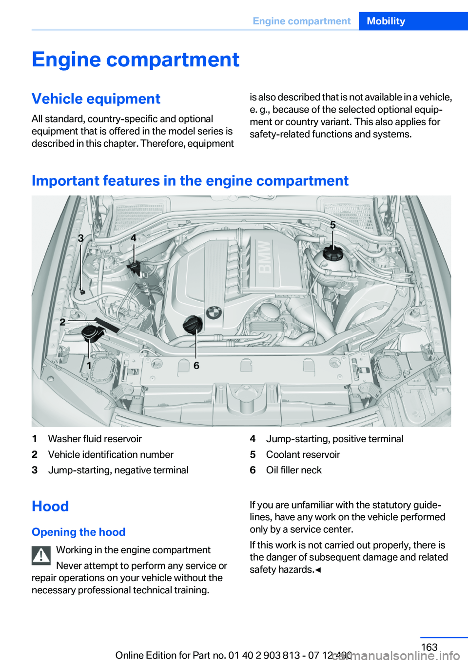 BMW X3 XDRIVE 35I 2013  Owners Manual Engine compartmentVehicle equipment
All standard, country-specific and optional
equipment that is offered in the model series is
described in this chapter. Therefore, equipmentis also described that i