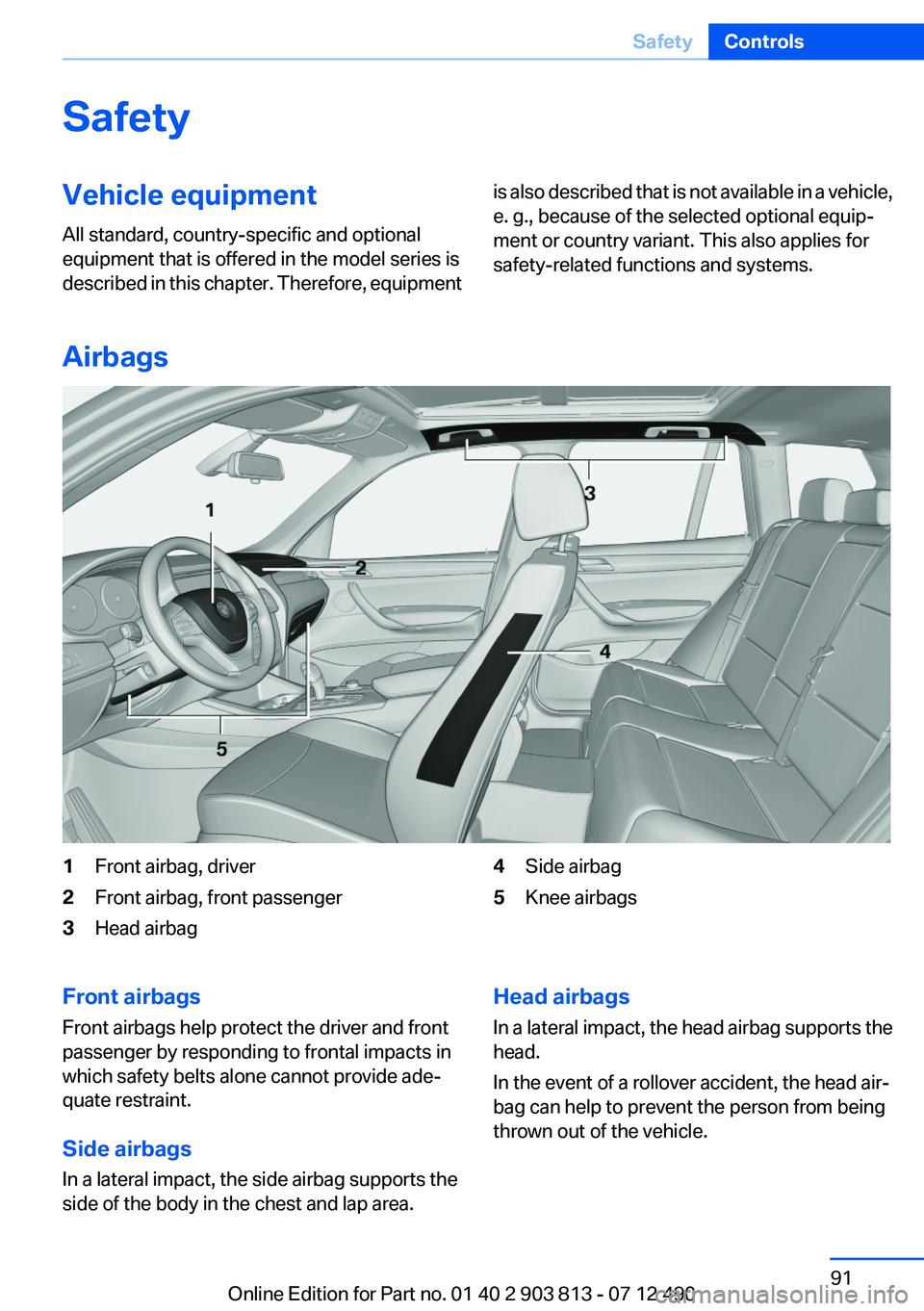 BMW X3 XDRIVE 35I 2013 Owners Manual SafetyVehicle equipment
All standard, country-specific and optional
equipment that is offered in the model series is
described in this chapter. Therefore, equipmentis also described that is not availa BMW X3 XDRIVE 35I 2013 Owners Manual SafetyVehicle equipment
All standard, country-specific and optional
equipment that is offered in the model series is
described in this chapter. Therefore, equipmentis also described that is not availa