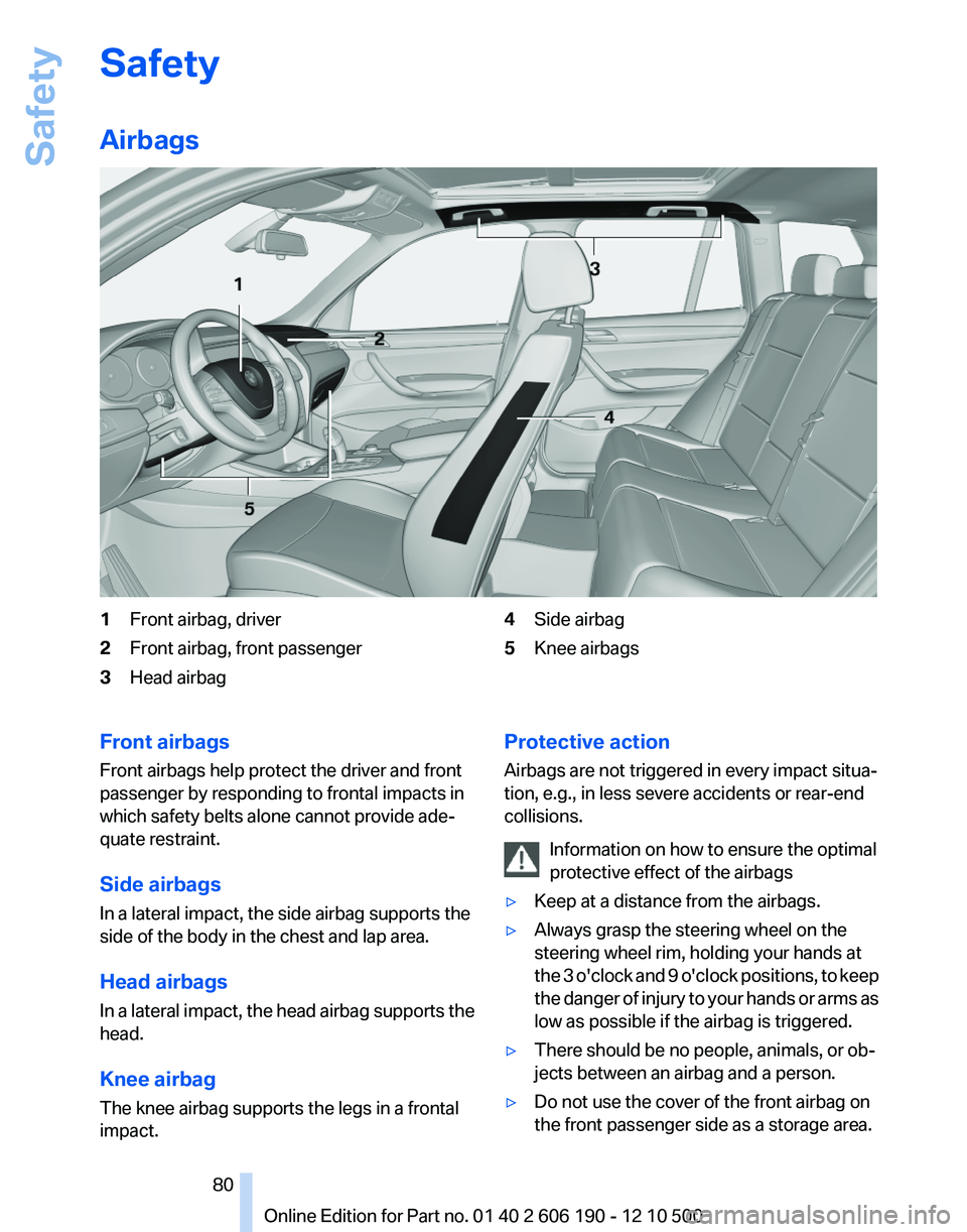 BMW X3 XDRIVE 35I 2011 Manual PDF Safety
Airbags1Front airbag, driver2Front airbag, front passenger3Head airbag4Side airbag5Knee airbagsFront airbags
Front airbags help protect the driver and front
passenger by responding to frontal i BMW X3 XDRIVE 35I 2011 Manual PDF Safety
Airbags1Front airbag, driver2Front airbag, front passenger3Head airbag4Side airbag5Knee airbagsFront airbags
Front airbags help protect the driver and front
passenger by responding to frontal i