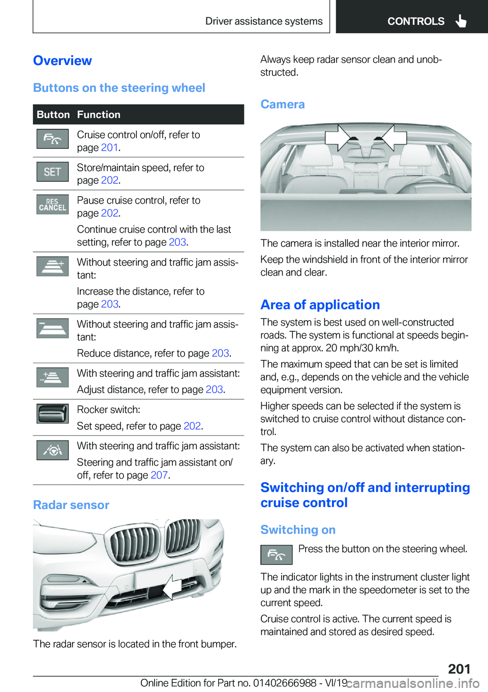 BMW X4 2020  Owners Manual �O�v�e�r�v�i�e�w�B�u�t�t�o�n�s��o�n��t�h�e��s�t�e�e�r�i�n�g��w�h�e�e�l�B�u�t�t�o�n�F�u�n�c�t�i�o�n�C�r�u�i�s�e��c�o�n�t�r�o�l��o�n�/�o�f�f�,��r�e�f�e�r��t�o
�p�a�g�e� �2�0�1�.�S�t�o�r�e�/�m�a