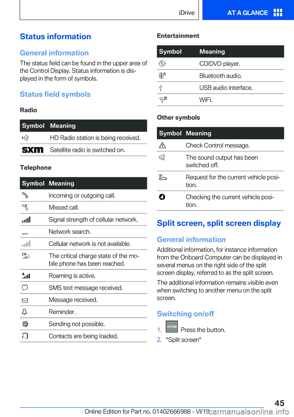 BMW X4 2020 Service Manual �S�t�a�t�u�s��i�n�f�o�r�m�a�t�i�o�n�G�e�n�e�r�a�l��i�n�f�o�r�m�a�t�i�o�n
�T�h�e��s�t�a�t�u�s��f�i�e�l�d��c�a�n��b�e��f�o�u�n�d��i�n��t�h�e��u�p�p�e�r��a�r�e�a��o�f
�t�h�e��C�o�n�t�r�o�l�
