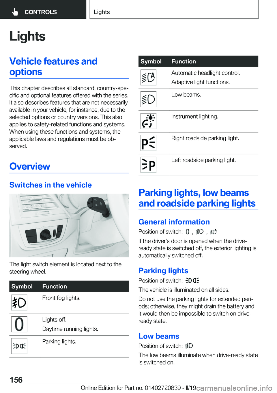 BMW X4 2019  Owners Manual �L�i�g�h�t�s�V�e�h�i�c�l�e��f�e�a�t�u�r�e�s��a�n�d�o�p�t�i�o�n�s
�T�h�i�s��c�h�a�p�t�e�r��d�e�s�c�r�i�b�e�s��a�l�l��s�t�a�n�d�a�r�d�,��c�o�u�n�t�r�y�-�s�p�ej�c�i�f�i�c��a�n�d��o�p�t�i�o�n�a�