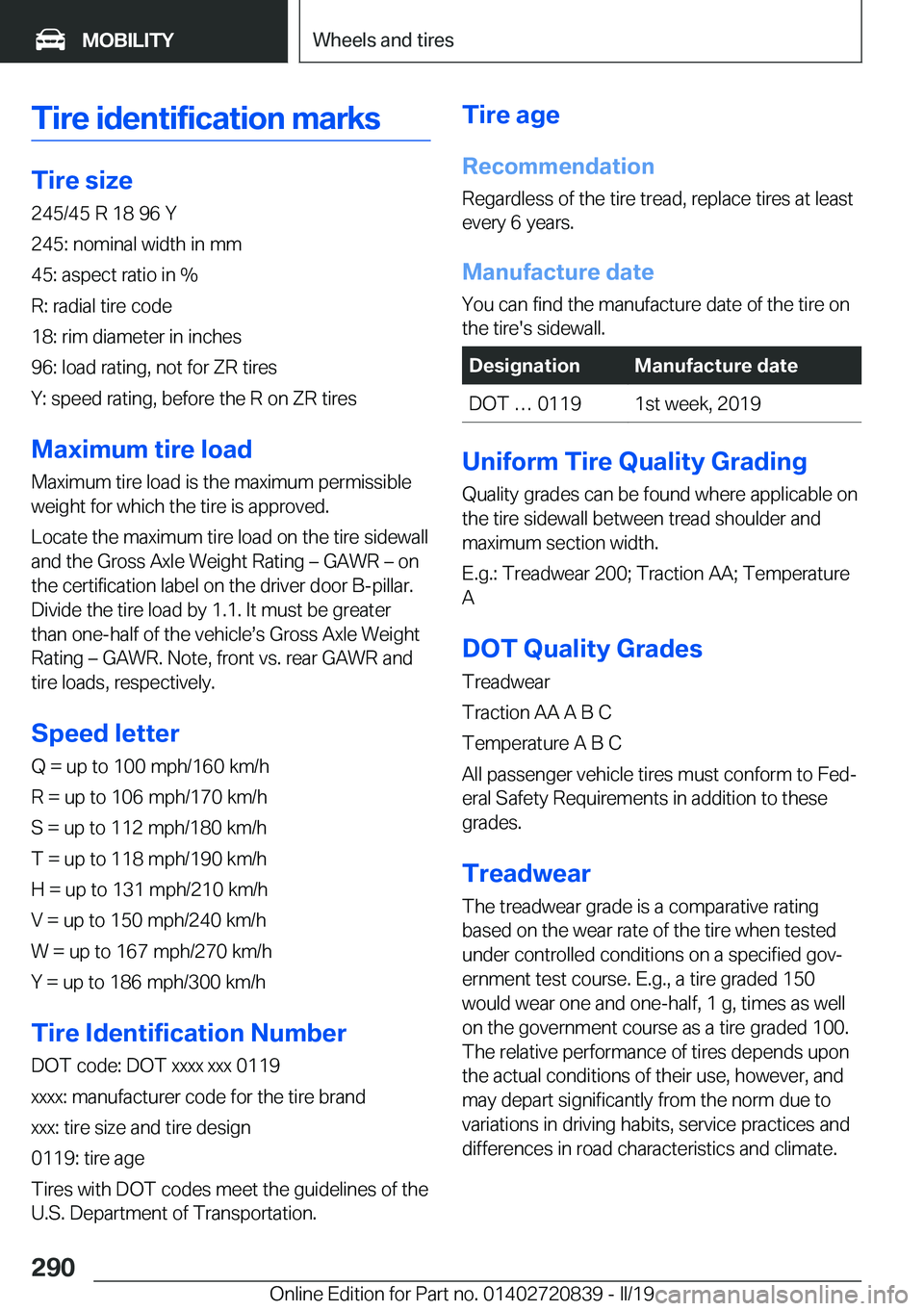 BMW X4 2019  Owners Manual �T�i�r�e��i�d�e�n�t�i�f�i�c�a�t�i�o�n��m�a�r�k�s
�T�i�r�e��s�i�z�e�2�4�5�/�4�5��R��1�8��9�6��Y
�2�4�5�:��n�o�m�i�n�a�l��w�i�d�t�h��i�n��m�m
�4�5�:��a�s�p�e�c�t��r�a�t�i�o��i�n��%
�R�:�