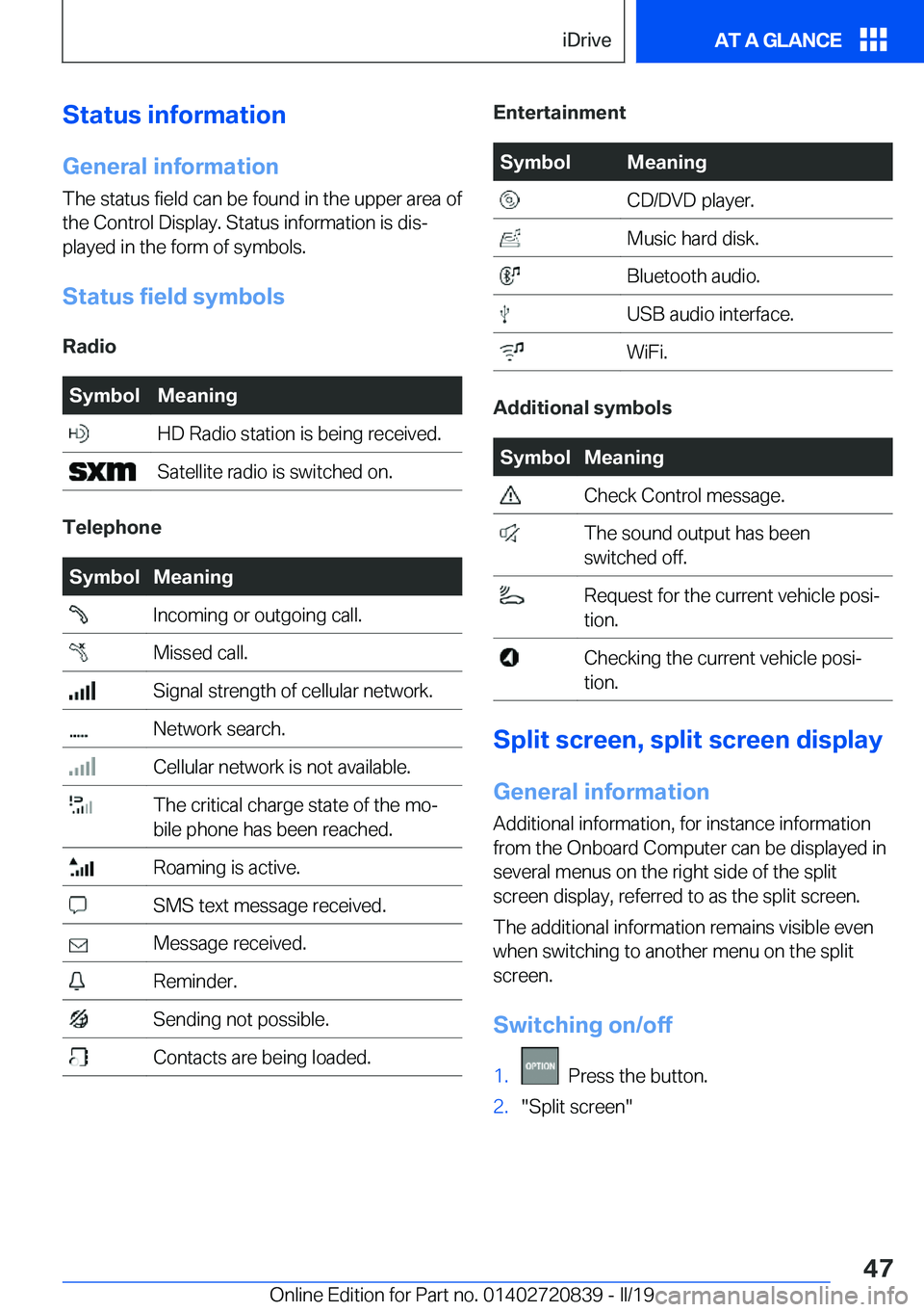 BMW X4 2019 Service Manual �S�t�a�t�u�s��i�n�f�o�r�m�a�t�i�o�n�G�e�n�e�r�a�l��i�n�f�o�r�m�a�t�i�o�n
�T�h�e��s�t�a�t�u�s��f�i�e�l�d��c�a�n��b�e��f�o�u�n�d��i�n��t�h�e��u�p�p�e�r��a�r�e�a��o�f
�t�h�e��C�o�n�t�r�o�l�