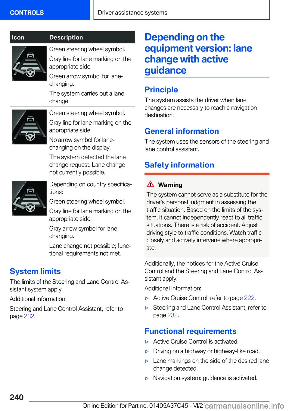 BMW X4 M 2022  Owners Manual �I�c�o�n�D�e�s�c�r�i�p�t�i�o�n�G�r�e�e�n��s�t�e�e�r�i�n�g��w�h�e�e�l��s�y�m�b�o�l�.
�G�r�a�y��l�i�n�e��f�o�r��l�a�n�e��m�a�r�k�i�n�g��o�n��t�h�e
�a�p�p�r�o�p�r�i�a�t�e��s�i�d�e�.
�G�r�e�e�n�