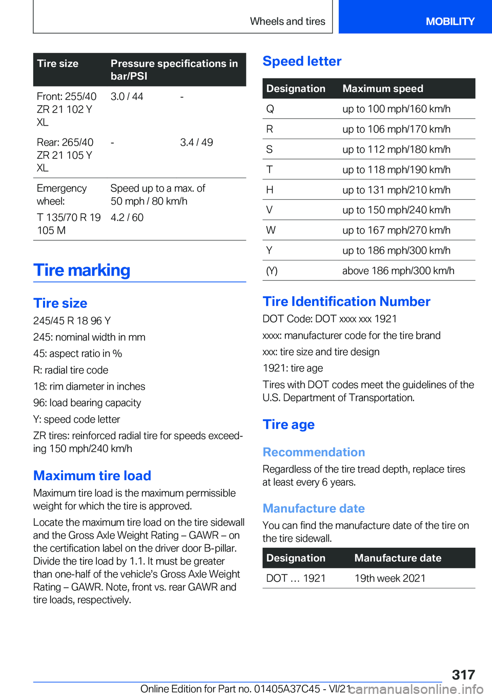 BMW X4 M 2022  Owners Manual �T�i�r�e��s�i�z�e�P�r�e�s�s�u�r�e��s�p�e�c�i�f�i�c�a�t�i�o�n�s��i�n
�b�a�r�/�P�S�I�F�r�o�n�t�:��2�5�5�/�4�0
�Z�R��2�1��1�0�2��Y
�X�L�3�.�0��/��4�4�-�R�e�a�r�:��2�6�5�/�4�0
�Z�R��2�1��1�0�5