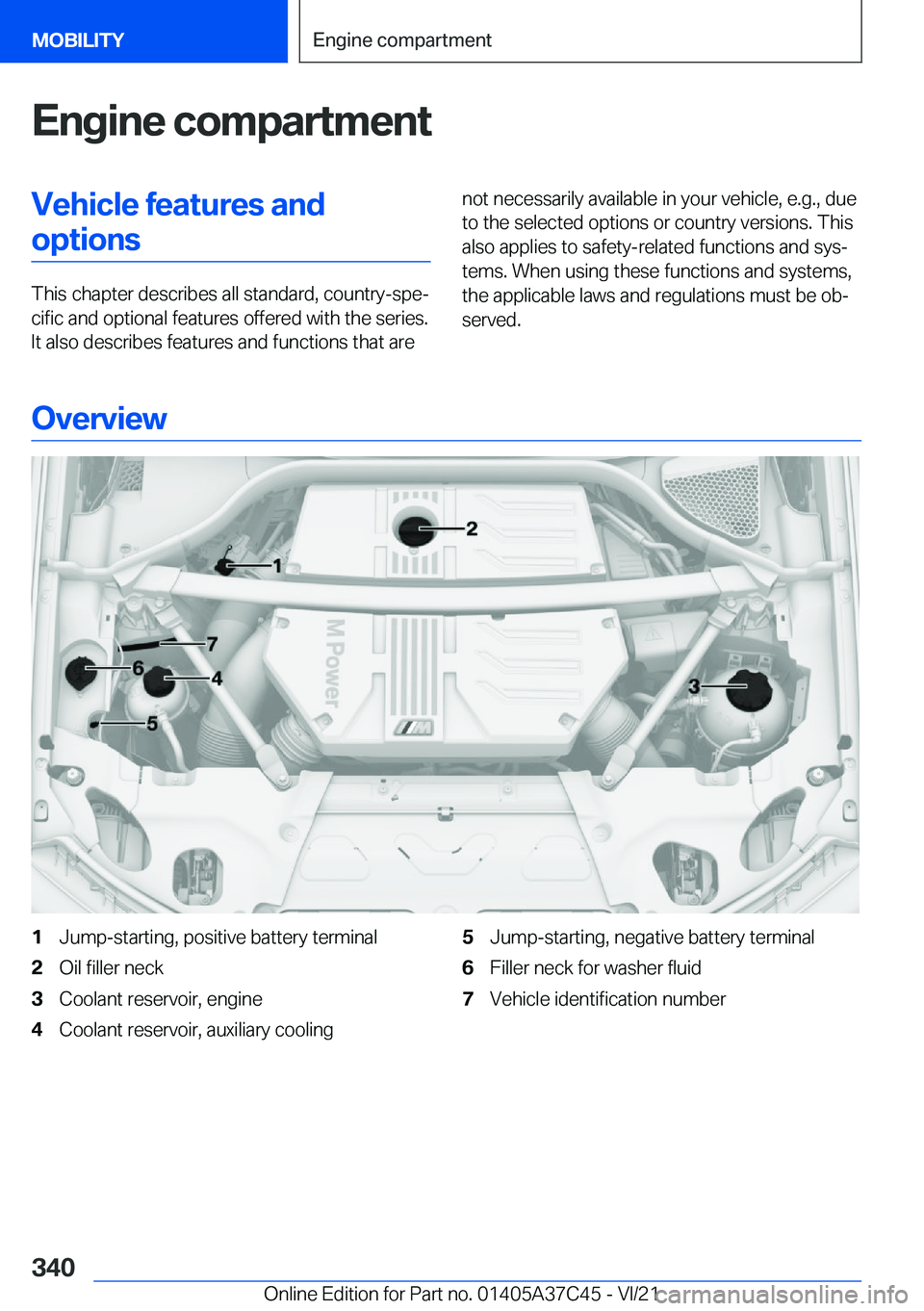 BMW X4 M 2022  Owners Manual �E�n�g�i�n�e��c�o�m�p�a�r�t�m�e�n�t�V�e�h�i�c�l�e��f�e�a�t�u�r�e�s��a�n�d�o�p�t�i�o�n�s
�T�h�i�s��c�h�a�p�t�e�r��d�e�s�c�r�i�b�e�s��a�l�l��s�t�a�n�d�a�r�d�,��c�o�u�n�t�r�y�-�s�p�e#j�c�i�f�i�c�