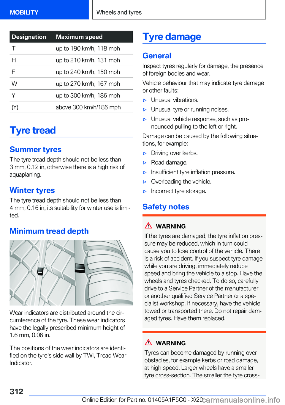 BMW X4 M 2021  Owners Manual �D�e�s�i�g�n�a�t�i�o�n�M�a�x�i�m�u�m��s�p�e�e�d�T�u�p��t�o��1�9�0��k�m�/�h�,��1�1�8��m�p�h�H�u�p��t�o��2�1�0��k�m�/�h�,��1�3�1��m�p�h�F�u�p��t�o��2�4�0��k�m�/�h�,��1�5�0��m�p�h�W�u�p�