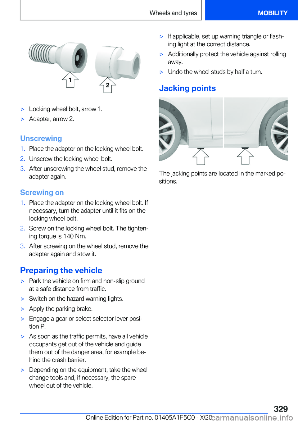 BMW X4 M 2021  Owners Manual 'x�L�o�c�k�i�n�g��w�h�e�e�l��b�o�l�t�,��a�r�r�o�w��1�.'x�A�d�a�p�t�e�r�,��a�r�r�o�w��2�.
�U�n�s�c�r�e�w�i�n�g
�1�.�P�l�a�c�e��t�h�e��a�d�a�p�t�e�r��o�n��t�h�e��l�o�c�k�i�n�g��w�h�e
