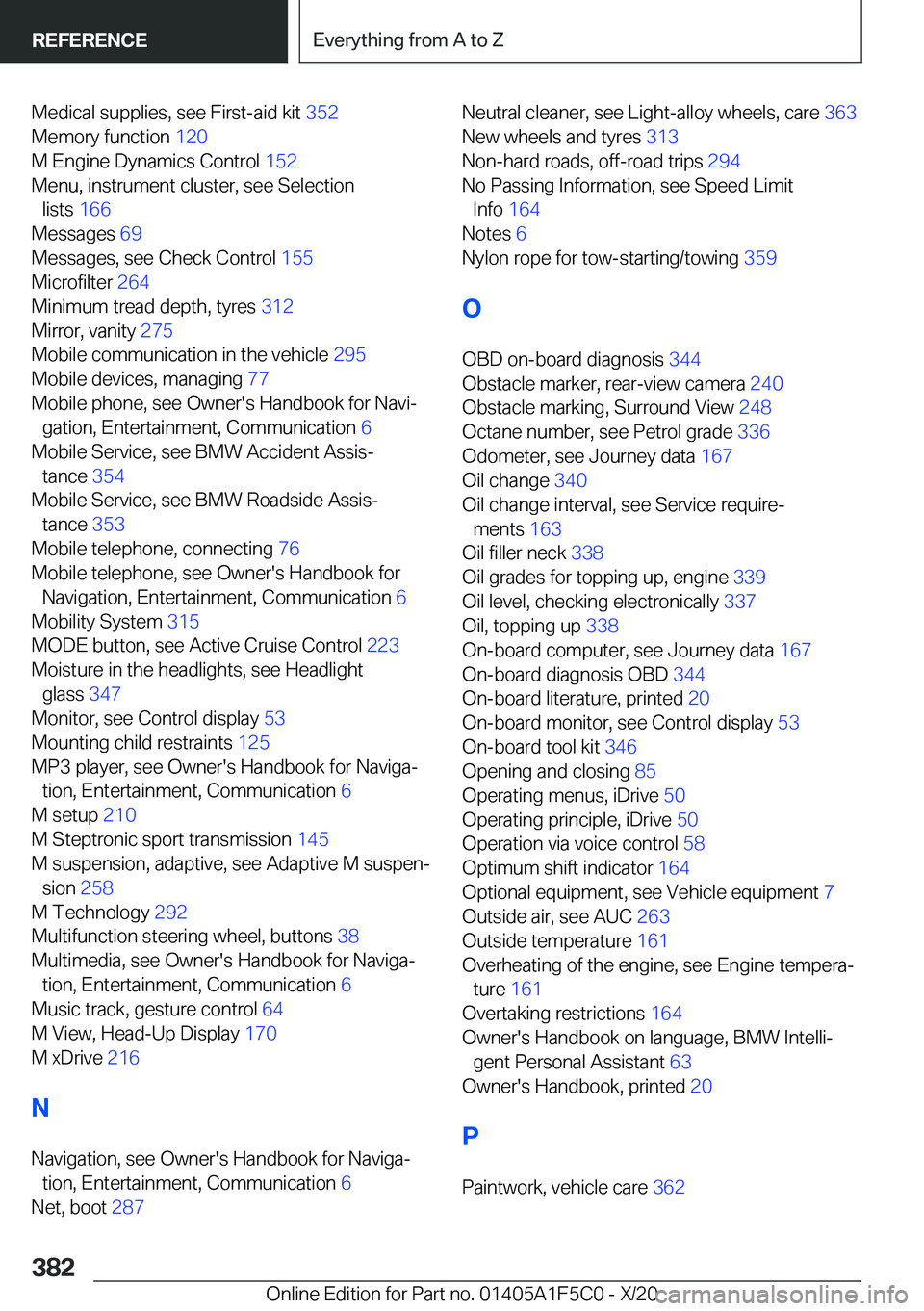 BMW X4 M 2021  Owners Manual �M�e�d�i�c�a�l��s�u�p�p�l�i�e�s�,��s�e�e��F�i�r�s�t�-�a�i�d��k�i�t��3�5�2�
�M�e�m�o�r�y��f�u�n�c�t�i�o�n� �1�2�0�
�M��E�n�g�i�n�e��D�y�n�a�m�i�c�s��C�o�n�t�r�o�l� �1�5�2�
�M�e�n�u�,��i�