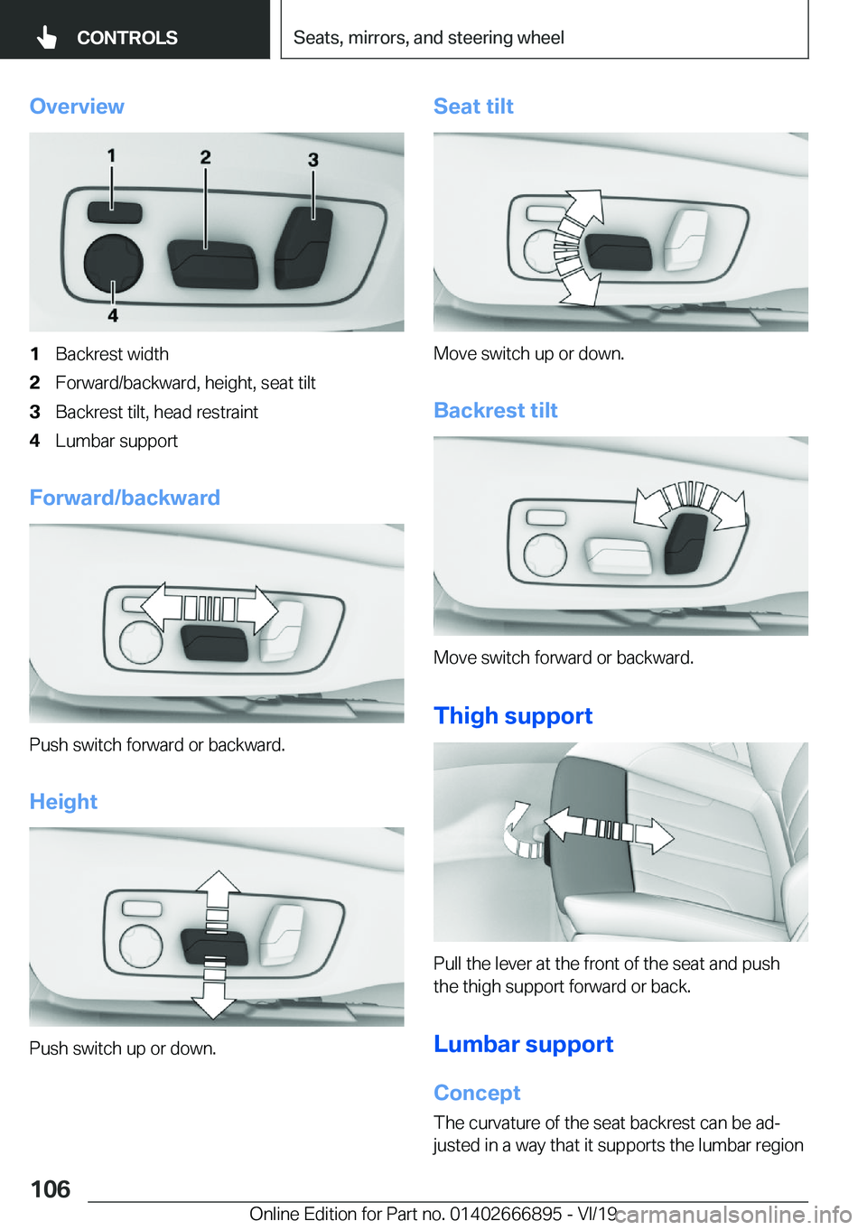 BMW X4 M 2020  Owners Manual �O�v�e�r�v�i�e�w�1�B�a�c�k�r�e�s�t��w�i�d�t�h�2�F�o�r�w�a�r�d�/�b�a�c�k�w�a�r�d�,��h�e�i�g�h�t�,��s�e�a�t��t�i�l�t�3�B�a�c�k�r�e�s�t��t�i�l�t�,��h�e�a�d��r�e�s�t�r�a�i�n�t�4�L�u�m�b�a�r��s�u�p