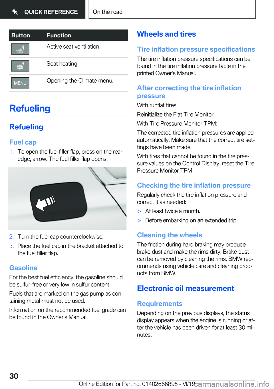 BMW X4 M 2020 Owners Manual �B�u�t�t�o�n�F�u�n�c�t�i�o�n�A�c�t�i�v�e��s�e�a�t��v�e�n�t�i�l�a�t�i�o�n�.�S�e�a�t��h�e�a�t�i�n�g�.�O�p�e�n�i�n�g��t�h�e��C�l�i�m�a�t�e��m�e�n�u�.
�R�e�f�u�e�l�i�n�g
�R�e�f�u�e�l�i�n�g�F�u�e�l�