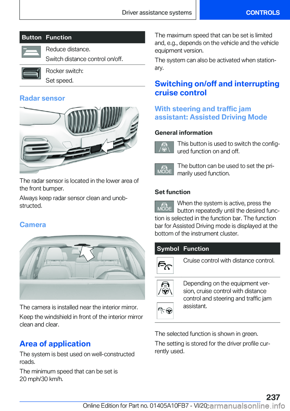 BMW X5 2021  Owners Manual �B�u�t�t�o�n�F�u�n�c�t�i�o�n�R�e�d�u�c�e��d�i�s�t�a�n�c�e�.
�S�w�i�t�c�h��d�i�s�t�a�n�c�e��c�o�n�t�r�o�l��o�n�/�o�f�f�.�R�o�c�k�e�r��s�w�i�t�c�h�:
�S�e�t��s�p�e�e�d�.
�R�a�d�a�r��s�e�n�s�o�r
�T