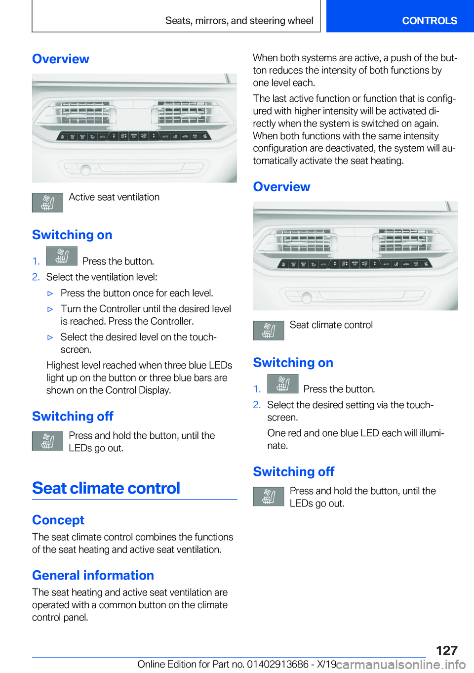 BMW X5 2020  Owners Manual �O�v�e�r�v�i�e�w
�A�c�t�i�v�e��s�e�a�t��v�e�n�t�i�l�a�t�i�o�n
�S�w�i�t�c�h�i�n�g��o�n
�1�.���P�r�e�s�s��t�h�e��b�u�t�t�o�n�.�2�.�S�e�l�e�c�t��t�h�e��v�e�n�t�i�l�a�t�i�o�n��l�e�v�e�l�:'x�