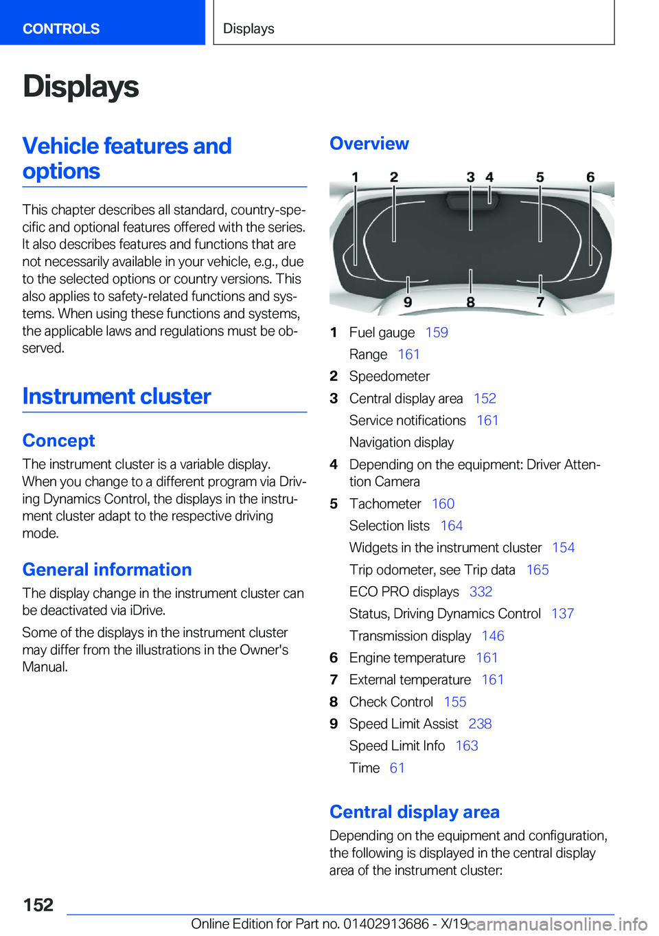 BMW X5 2020  Owners Manual �D�i�s�p�l�a�y�s�V�e�h�i�c�l�e��f�e�a�t�u�r�e�s��a�n�d�o�p�t�i�o�n�s
�T�h�i�s��c�h�a�p�t�e�r��d�e�s�c�r�i�b�e�s��a�l�l��s�t�a�n�d�a�r�d�,��c�o�u�n�t�r�y�-�s�p�e#j�c�i�f�i�c��a�n�d��o�p�t�i�o�